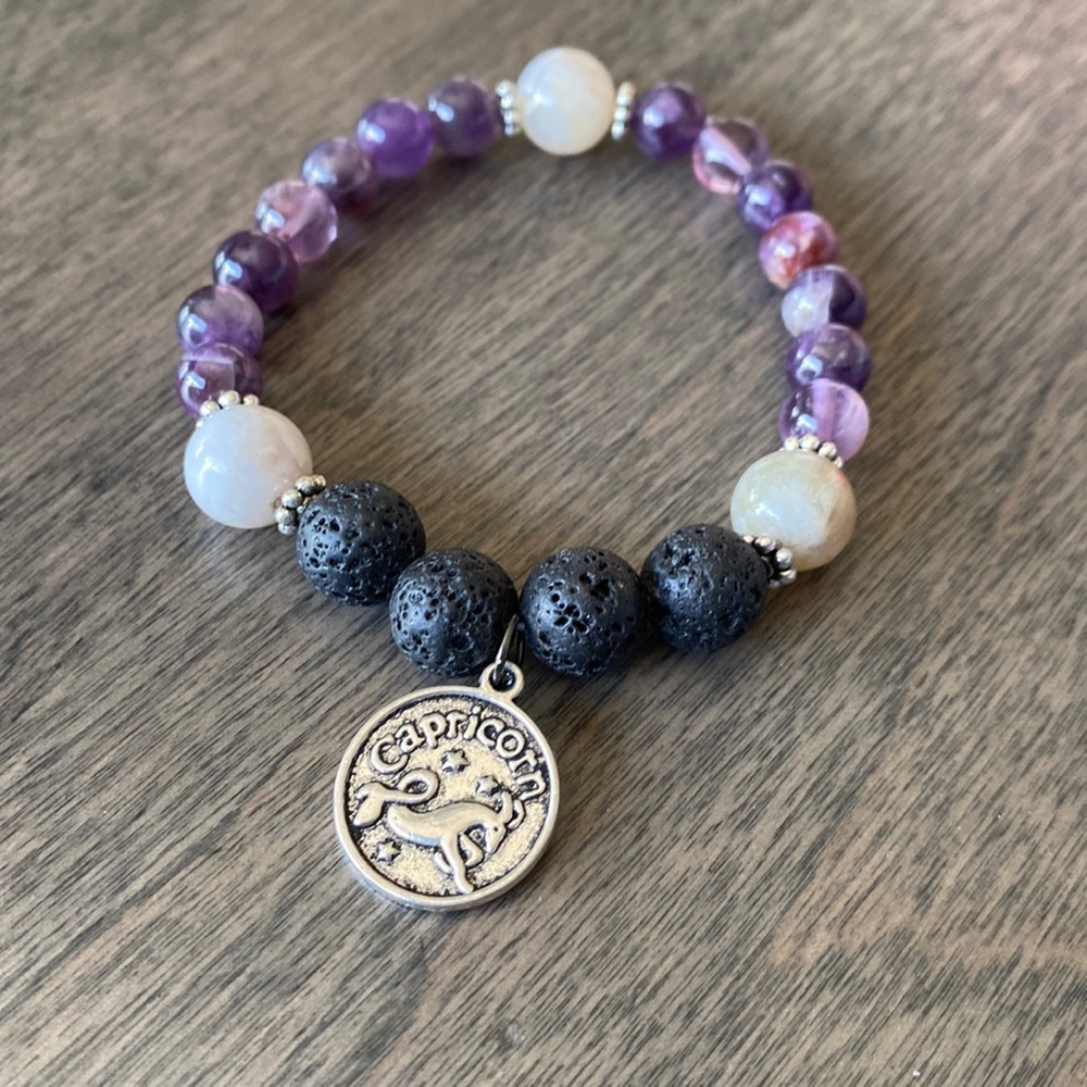 Lava rock amethyst and bamboo agate bracelet